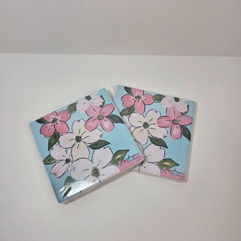 Pink Dogwood Flower Sandstone Coaster Set of 4 - Cottage Floral Absorbent - Picture 3 of 6